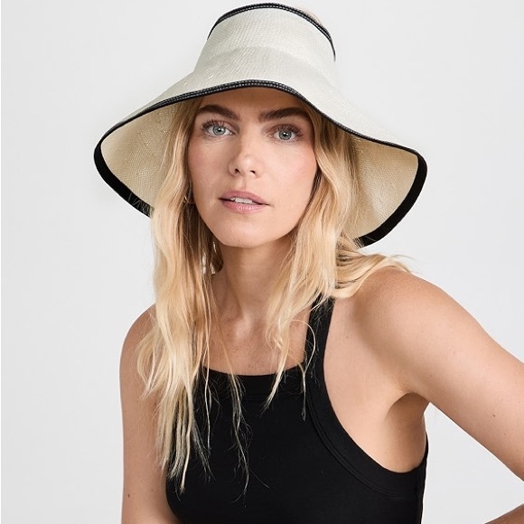 Janessa Leone Odette Hat Straw Leather Trim Bucket Wide Brim Packable Visor